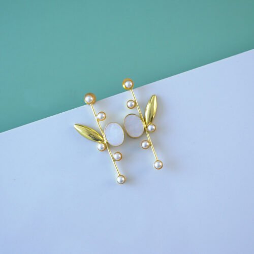 Contemporary Brass Stem Stud Ear Rings with Mother of Pearl